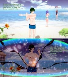 1boy 2girls 3d abs bikini bulge english_text female green_hair huge_bulge koikatsu male muscular muscular_male oc original original_character shrinking swimsuit text underwear universe xavier_huge xavierhuge