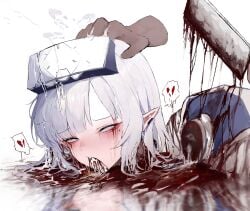 absurdres blood blud_spine blue_archive broken_heart censored commentary_request corpse cum cum_on_hair decapitation disembodied_hand female gore grey_eyes guro hand_on_another's_head heart highres himari_(armed)_(blue_archive) himari_(blue_archive) korean_commentary mosaic_censoring open_mouth pointy_ears revision solo_focus speech_bubble spoken_broken_heart spoken_heart