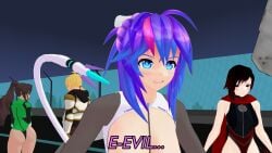 1boy 3girls ass black_hair black_hair_female blonde_hair brown_hair brown_hair_female crossover dc_comics dialogue half-dressed half_naked half_naked_female jaune_arc jessica_cruz justice_league_x_rwby:_super_heroes_and_huntsmen long_hair long_hair_female looking_at_ass looking_at_self melody_(projektmelody) projektmelody purple_hair purple_hair_female ruby_rose rwby silver_eyes theblackbirdcalls