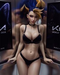 1female 1girls 3d 3d_(artwork) akali akali_(league_of_legends) akali_jhomen_tethi blender blonde_hair blue_eyes blue_hair choker clothed clothing dyed_hair elevator female female_focus female_only front_view k/da_akali k/da_all_out_akali k/da_all_out_series k/da_series kpop kpop_girl large_breasts league_of_legends light-skinned_female light_skin lingerie long_hair makeup riot_games therealzoh underwear underwear_only zoh