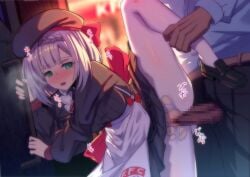 1boy apron black_hat black_pants black_shirt black_shoes blue_shirt blush bow breasts censored dress female genshin_impact green_eyes grey_hair hairbow hat heavy_breathing kfc lao_meng large_variant_set medium_breasts noelle_(genshin_impact) noelle_(kfc)_(genshin_impact) pants pantyhose penis red_bow sex sex_from_behind shirt shoes short_hair standing standing_sex straight vaginal_penetration variant_set white_pantyhose