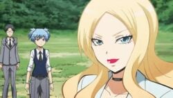 animated assassination_classroom blonde_hair blonde_hair_female blue_eyes blue_hair blue_hair_male edited irina_jelavic kiss_mark kiss_mark_on_face kissing lips lipstick lipstick_mark lipstick_mark_on_face mwah shiota_nagisa smooch student student_and_teacher subtitled teacher teacher_and_student