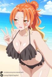 1female 1girls 2026 ai_generated artist_name beach big_ass big_breasts bikini black_bikini blonde_hair blue_sky blush breasts cleavage cloud collarbone curvy day female female_only frilled_bikini frills gradient_hair hair_bun hi_res high_quality high_resolution highres huge_ass huge_breasts large_breasts long_hair looking_at_viewer looking_to_the_side mikadono_niko mikadono_sanshimai_wa_angai_choroi multicolored_hair navel ocean open_mouth orange_hair outdoors patreon patreon_username selfie single_hair_bun sky solo sweat swimsuit thighs unjobdespiert v watermark yellow_eyes