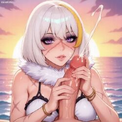 1boy 1boy1girl 1girls ai_generated bracelet breasts code_vein cum day dress ejaculation erection eva_roux female handjob jewelry lips looking_at_viewer male ocean outdoors parted_lips penis pov projectile_cum solo_focus straight tagme veins video water