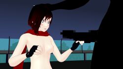 1boy 1girls 3d 3d_(artwork) black_hair black_hair_female blush breasts censored censored_penis erect_penis fingerless_gloves grimm_(rwby) hand_on_head monster monster_boy monster_cock nude_female nude_male red_highlights ruby_rose rwby scarf theblackbirdcalls
