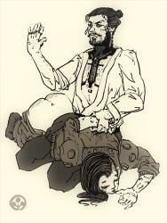1boy1girl 2021 arasaka asian asian_male ass bare_ass black_and_white black_hair cd_projekt_red chest chest_hair closed_eyes clothed clothing cybernetics cyberpunk_2077 exposed_ass facial_hair female for_witch goro_takemura hair hair_bun holding holding_arm jacket long_hair makeup male male/female no_visible_genitalia open_clothes open_eyes over_the_knee_spanking pants pants_down pants_pulled_down punishment punishment_spanking simple_background sitting spank_marks spanked spanking v_(cyberpunk_2077) valerie_(cyberpunk_2077)