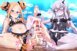 1boy 2girls abigail_williams_(emerald_float)_(fate) abigail_williams_(fate) azatychan bare_shoulders barefoot bikini black_bikini black_bow black_skirt blonde_hair blue_eyes blue_sky blush bow breasts cameltoe censored closed_mouth commentary_request cooperative_footjob covered_nipples cum cum_on_body double_bun erection fate/grand_order fate_(series) feet footjob forehead frilled_bikini frills hair_bun hairbow highres holding_hands horns lavinia_whateley_(emerald_float)_(fate) lavinia_whateley_(fate) long_hair looking_at_viewer microskirt multiple_girls navel orange_bow parted_bangs penis purple_eyes see-through_clothes single_horn skirt sky small_breasts smile sound_effects spread_legs straight swimsuit teamwork_(sexual) white_hair wide-eyed