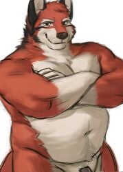 1boy absurdres animal_ears bara bedlettuce belly completely_nude crossed_arms echo_(visual_novel) echo_project english_commentary fat furry furry_male highres leo_alvarez looking_at_viewer male_focus navel nude penis penis_peek smile tail wolf_boy wolf_ears wolf_tail