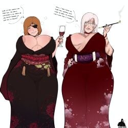 2d 2d_(artwork) 2girls aged_up areolae big_breasts breasts busty choker clothing dialogue ear_piercing earrings eye_patch female female_only gilf glasses hand_on_hip hassdr4w jujutsu_kaisen jujutsu_kaisen_modulo kimono kugisaki_nobara kugisaki_nobara_(gilf) large_breasts looking_at_viewer mature mature_female orange_hair painted_nails piercing png post-timeskip scars smoking text thick_thighs thunder_thighs white_hair wide_hips wine_glass zenin_maki