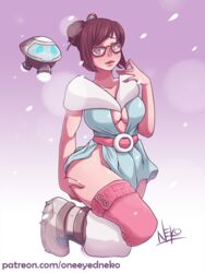 1girls asian blizzard_entertainment brown_eyes brown_hair chinese female glasses hair_bun mei-ling_zhou mei_(overwatch) oneeyedneko overwatch snowball_(overwatch) tied_hair