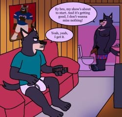anthro balls barefoot basement bathroom black_body black_fur black_nose black_text boxers_down briefs brother_(lore) brothers_(lore) canid canine clothed clothing controller dialogue duo eddicus edgar_(eddicus) electronics english_text facial_hair feet fur furniture genitals green_clothing green_shirt green_t-shirt green_topwear hi_res holding_controller holding_object holding_remote_control inside joel_(eddicus) male mammal monotone_briefs monotone_clothing monotone_underwear moustache muscular muscular_male navel nipples pantsless pantsless_anthro pantsless_male peeing peeing_into_toilet penis poster pubes red_sofa remote_control shirt sibling_(lore) sink sofa speech_bubble stubble t-shirt television text tighty_whities toilet toony topwear underwear wall_(structure) watching_television white_briefs white_clothing white_underwear wood wood_wall