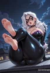 ai_generated artist_name ass barefoot black_bodysuit black_cat_(marvel) blue_eyes bodysuit breasts cameltoe cleavage cloud domino_mask earrings feet felicia_hardy female foot_focus fur_trim futarush huge_ass jewelry large_breasts legs_up lips long_hair looking_at_viewer marvel marvel_rivals mask night night_sky patreon patreon_username sitting sky soles solo spider-man_(series) sultryspark sweat thick_thighs thighs toes wet white_hair