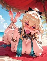 1girl female condom breasts condom_in_mouth mouth_hold blonde_hair feet looking_at_viewer lying the_pose armlet blue_eyes on_stomach solo clothing large_breasts blush jean_(genshin_impact) barefoot condom_wrapper toes soles hair_ornament feet_up beach jewelry bare_shoulders genshin_impact outdoors thighlet hair_bow smile cleavage sidelocks heart-shaped_pupils bow long_hair ponytail symbol-shaped_pupils covered_nipples ass sky beach_towel beach_umbrella cloud day earrings beach_mat legs umbrella hair_between_eyes blue_sky towel crossed_ankles bracelet bracer hoop_earrings naughty_face ocean half-closed_eyes head_rest full_body inviting inviting_to_sex seductive seductive_look seductive_smile presenting presenting_hindquarters presenting_ass presenting_self black_bow thighs palm_tree foot_focus pelvic_curtain presenting_breasts 1girls ai_generated voluptuous_female voluptuous curvaceous curvaceous_figure curvaceous_female curvy curvy_figure female_focus balecxi jean_gunnhildr mihoyo hoyoverse harem_outfit harem_girl arabian_clothes
