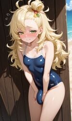 1futa ai_generated belly_button big_penis blonde_female blonde_hair blush bulge embarrassed futa_only futanari green_eyes hiding_erection huge_cock long_hair one-piece_swimsuit petite petite_female piper_wheel small_breasts smaller_female swimsuit thighs tight_clothing zenless_zone_zero