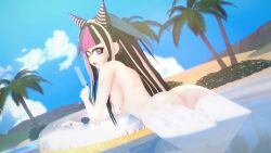 black_hair blue_hair cute danganronpa danganronpa_2:_goodbye_despair dyed_hair floatie looking_at_viewer looking_back mioda_ibuki multicolored_hair naked naked_female pink_eyes pink_hair pool popsicle small_breasts smiling wet wet_body
