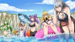 5girls :d absurdres ahoge animal_ears antlers arielle_(vtuber) beach big_breasts bikini bikini_under_clothes black_bikini black_pants blue_eyes blue_one-piece_swimsuit blue_sky bow braid braided_ponytail breasts cleavage cleavage_cutout cliff clothing_cutout deer_ears densetsu.exe female fish flower geega glasses gradient_hair green_bikini green_hair grey_hair hair_between_eyes hair_bow hair_ornament haruka_karibu hat heart heart_ahoge heart_cutout henya_the_genius heterochromia highleg highleg_bikini highres horns indie_virtual_youtuber large_breasts leaning_forward legs long_bangs long_hair looking_at_viewer maid_headdress michi_mochievee mint_fantome moose_antlers multicolored_hair multiple_girls one-piece_swimsuit open_mouth outdoors pants patchwork_skin pointy_ears ponytail purple_hair rainbow_hair red_eyes reindeer_antlers reindeer_girl sarong see-through_clothes see-through_shirt sexy shirt short_hair sky small_breasts smile stitched_face stitches straw_hat streaked_hair sunflower swimsuit thick_thighs thigh_strap thighs tits virtual_youtuber vtuber water water_gun white_hair white_one-piece_swimsuit wrist_cuffs x_hair_ornament yellow_eyes