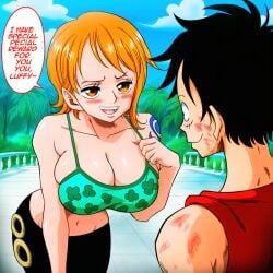 ai_generated big_breasts blush busty comic female huge_breasts luffy male male/female monkey_d_luffy nami nami_(one_piece) one_piece orange_hair pre-timeskip short_hair smile tattoo text
