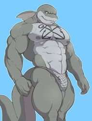 2014 abs anthro barley_(ralarare) biceps big_muscles big_tail biped blue_background blue_eyes clothed clothing dorsal_fin fin fish fishnet flaccid front_view grey_nipples grey_penis grey_skin grey_tail hi_res knuxlight long_tail looking_at_viewer male male_only marine muscular muscular_male nipples pecs penis portrait shark sharp_teeth simple_background solo standing tattoo teeth thick_tail three-quarter_portrait topless