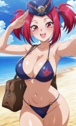 ai_generated beach beach_background bikini blush boobs curvy day demon demon_girl duel_monster female hat hi_res hips huge_breasts isak_ia konami light_skin looking_at_viewer navel one_arm_up open_mouth outfit outside red_eyes red_hair salute selfie short_hair smile standing sweatdrop tour_guide_from_the_underworld twintails underwear younger_female yu-gi-oh!