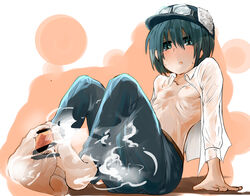 barefoot blush censored dress_shirt feet footjob goggles green_eyes green_hair hat highres kino kino_no_tabi nipples open_clothes open_mouth open_shirt pants ribs short_hair sitting small_breasts steam sweat takasaki_aneki tomboy