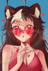 1girl ahoge animal_ears bangs bare_shoulders breasts brown_hair candy cleavage collarbone food heart indie_virtual_youtuber large_breasts lollipop long_hair looking_at_viewer momotexx_(vtuber) multicolored_hair nail_polish red_eyes solo streaked_hair upper_body vyugen white_hair