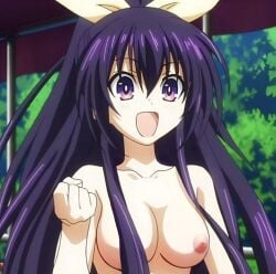 anime_character anime_girl areolae armpits ass_length_hair clenched_fist date_a_live enthusiastic joyous light-skinned_female looking_at_another looking_at_viewer naked_female nipples nude_edit nude_female nude_filter nudist purple_eyes purple_hair smiling swimming_pool talking_to_another yatogami_tohka