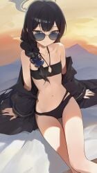 1girl 1girls absurd_res artist_request bare_shoulders beach beach_mat bikini blue_archive braid coat flat_chest grey_eyes hair_ornament highres kisaki_(blue_archive) kisaki_(swimsuit)_(blue_archive) long_sleeves looking_at_viewer navel off_shoulder outdoors smile solo stomach sunglasses swimsuit thighs