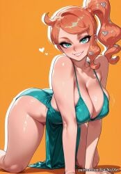 1girl 2026 ai_generated all_fours anime aqua_eyes artist_name ass bare_shoulders blush boobs breasts buttocks cleavage collarbone commando covered_nipples crossover dress eye_contact eyelashes female female_focus flushed green_dress green_eyes grin hair_accessory hair_ornament heart heart_hair_ornament highres huge_breasts large_breasts long_hair looking_at_viewer nintendo no_panties nsfw orange_background orange_hair patreon patreon_username pokemon pokemon_ss rognezart shiny shiny_skin side_ponytail simple_background smile smiling solo sonia_(pokemon) thick_thighs thighs very_long_hair web_address