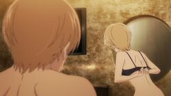 1boy ass awaya_mugi blonde_hair blue_eyes bottomless bra dressing female hayakawa_mei kuzu_no_honkai love_hotel screencap short_hair towel white_skin