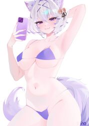 1girl 1girls animal_ear_fluff animal_ears armpits bell bikini breasts cellphone cleavage closed_mouth commentary english_commentary female filian filian_(vtuber) hair_bell hair_between_eyes hair_ornament hair_ribbon highres indie_virtual_youtuber looking_at_viewer medium_breasts minaaswet navel phone purple_bikini purple_eyes ribbon short_hair smartphone solo swimsuit tail thick_thighs thighs virtual_youtuber vtuber white_hair wide_hips