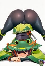 ai ai_art ai_assisted ai_generated ass ass_focus clothed fortnite fortnite:_battle_royale fortnite:_save_the_world frog full_body girl hat huge_ass jack-o_pose kunai leggings mixxiru red_eyes short_hair thong tight_clothing