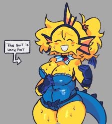 big_breasts chubby_female embarrassed_female front_view keri-san_(nokosprite) oc showing_boobs simple_background smiling_at_viewer sweating twitter_user_oc vaporeon_(cosplay) yellow_body yellow_skin