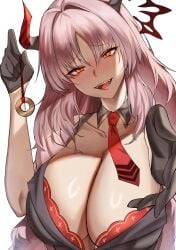 1girl absurdres black_collar black_dress black_gloves black_horns blue_archive blush bra bra_peek bra_pull breasts cleavage clothes_pull coin coin_on_string collar collarbone commentary detached_collar dress fangs gloves halo highres holding holding_pendulum holed_coin horns huge_breasts korean_commentary long_hair looking_at_viewer necktie open_mouth orange_eyes pendulum pink_hair red_bra red_halo red_horns red_necktie satsuki_(blue_archive) shiny_skin simple_background smile solo teeth tongue underwear white_background younki