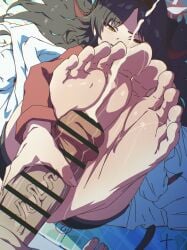 1boy absurdres animated bar_censor barefoot black_hair blue_archive censored cum cum_on_body cum_on_feet ejaculation erection facial feet female foot_focus footjob funen_gomi funen_gomi_m glansjob handjob highres horns kasumi_(blue_archive) long_hair male_squirt on_bed one_eye_closed parted_lips penis post_orgasm_torture precum smile soles sound straight tagme teeth toes veins veiny_penis video yellow_eyes