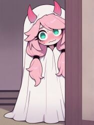 ai_generated demon demon_girl demon_horns green_eyes halloween original_character pink_hair small_ass small_breasts smaller_female waifu waifu_night