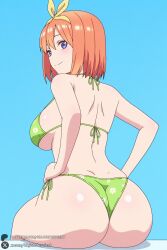 1female 1girl 1girls 2026 ai_generated artist_name ass back bangs big_ass big_breasts bikini blue_background blue_eyes blush breasts closed_mouth curvy floral_print from_behind go-toubun_no_hanayome green_bikini green_ribbon hair_ribbon hairband halterneck hi_res high_quality high_resolution highres huge_ass huge_breasts large_breasts looking_at_viewer looking_back nakano_yotsuba orange_hair patreon patreon_username quintessential_quintuplets ribbon short_hair side-tie_bikini_bottom simple_background sitting smile solo swimsuit the_quintessential_quintuplets unjobdespiert watermark