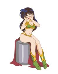 black_hair blush blushing brown_eyes higurashi_kagome huttslayer_bikini inuyasha kagome_higurashi looking_at_self shocked_expression sitting_down slave_leia_(cosplay) star_wars