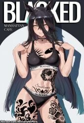 1girl ai_generated anime artist:basicallynomore black_panties black_sports_bra blacked blacked_clothing female looking_at_viewer manhattan_cafe_(umamusume) pubic_tattoo qos qos_clothing qos_tattoo queen_of_spades queen_of_spades_symbol queen_of_spades_tattoo sportswear tattoo tattoos umamusume white_skin