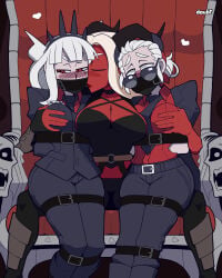 3girls ashamed belt blushing choker clothed commission demon_girl demon_horns doubt_(thedo_ubt) ecchi grabbing_breasts heart helltaker horns in_love justice_(helltaker) long_hair lucifer_(helltaker) multiple_girls oc red_background red_eyes red_shirt short_hair sitting throne tied_up uniform white_hair yuri