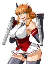 ass big_breasts black_panties black_thighhighs black_underwear breasts carrying_weapon chaos_code green_eyes large_breasts looking_at_viewer mishima_rui orange_hair panties pantyshot pantyshot_(standing) rui_mishima short_hair skirt thighhighs tonfas underwear upskirt