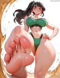 1girl ai_generated barefoot bikini black_hair blush breasts brown_eyes cleavage eve_(stellar_blade) feet foot_focus foreshortening fresk0n green_bikini hand_on_own_hip highleg large_breasts long_hair looking_at_viewer navel parted_lips patreon_username ponytail soles solo standing stellar_blade swimsuit toenails toes