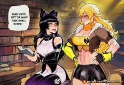 2girls abs ai_generated amadeus_v amber_eyes animal_ears biceps black_bow black_hair black_shorts black_stockings blake_belladonna blonde_hair book bookshelves brown_jacket bulge cat_ears cowboy_shot day eye_contact facing_each_other from_side futanari hand_on_hip holding_book huge_muscles large_breasts large_pectorals library lilac long_hair looking_at_another medium_breasts muscular_female open_mouth reading rwby sitting slim smile standing tall very_long_hair warm_lighting white_top wooden_floor yang_xiao_long yellow_top