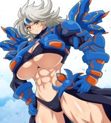 abs absurd_res boobs_bigger_than_head breasts bursting_breasts hi_res hitokiwa_kenchin huge_breasts muscular_female muscular_thighs nyanko_daisensou raclesa shiny_skin sweat sweaty_body tanned_female tanned_skin the_battle_cats tomboy toned toned_female trixi_the_merc wide_hips
