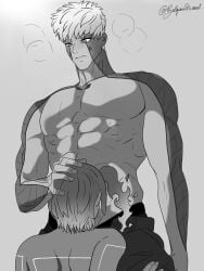 artist_request body_markings cock_worship deepthroat fellatio flaming_hair glowing glowing_markings guided_fellatio hand_on_head lanz_(xenoblade) metallic_body muscular muscular_male nude nude_female oral oral_penetration oral_sex ponytail sena_(xenoblade) side_ponytail standing standing_blowjob topless topless_male xenoblade_(series) xenoblade_chronicles_3