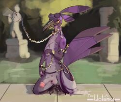 anon anthro avian balls bodily_fluids bound chained chains crouching disembodied_hand duo feathers genitals humanoid_genitalia humanoid_penis impwolsniw jewelry looking_at_viewer male multicolored_body penis purple_body slave winslow_(impwolsniw) yellow_eyes