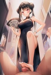 ai_assisted ai_generated black_hair blush breasts bun_hair changing_room cheongsam cleavage clothed_female_nude_male fan footjob from_below hand_on_own_waist highres holding_fan indoors long_hair looking_at_viewer medium_breasts navel original original_character penis pov qipao red_eyes sweat thighs trembling uncensored