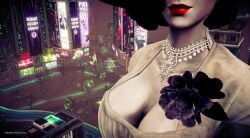 1girls 3d 3d_(artwork) 3dcg alcina_dimitrescu braless breasts_focus cityscape cleavage closeup collarbone crossover edited_screencap female_only filtered flower_on_chest game_cg huge_breasts massive_breasts necklace no_bra pouya_you_(s_look) red_lipstick resident_evil resident_evil_8:_village saints_row saints_row_iv skyscrapers source_request standing watermark