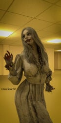 1girls 3d backrooms blood_on_face blood_on_hand leg_up pale-skinned_female pale_skin petrikov767 resident_evil resident_evil_9:_requiem selena_corey self_upload white_body white_hair zombie