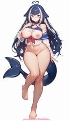 1girl 2026 ai_generated animal_ears artist_name bandaid barefoot black_hair blush boobs breasts bust chest exposed_nipples hi_res high_quality highres indie_virtual_youtuber long_hair multicolored_hair navel nipples nipples_outside patreon patreon_username pinkname purple_eyes shylily solo tail tattoo tits vtuber watermark wet wet_shirt