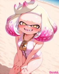 ai_generated artist_name beach crown deskk inkling inkling_girl nintendo pearl_(splatoon) pearl_houzuki splatoon splatoon_(series) splatoon_2 splatoon_2:_octo_expansion splatoon_3:_side_order swimsuit tentacle_hair